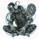 A traveler sitting cross-legged, floating in the infinite space of his mind, wearing a modern headset with dark metallic colors. His body is surrounded by a luminous aura in shades of electric. Pulsating waves of energy emanate from the headset, creating abstract and fluid shapes around him, like visual echoes of the music he is listening to. In the background, mental landscapes take shape: a sea of stars, suspended mountains, and glowing fragments of memories floating in the air. The atmosphere is futuristic, immersive, and introspective, evoking an inner journey through music and thoughts tattoo design idea