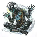 A traveler sitting cross-legged, floating in the infinite space of his mind, wearing a modern headset with dark metallic colors. His body is surrounded by a luminous aura in shades of electric. Pulsating waves of energy emanate from the headset, creating abstract and fluid shapes around him, like visual echoes of the music he is listening to. In the background, mental landscapes take shape: a sea of stars, suspended mountains, and glowing fragments of memories floating in the air. The atmosphere is futuristic, immersive, and introspective, evoking an inner journey through music and thoughts tattoo design idea