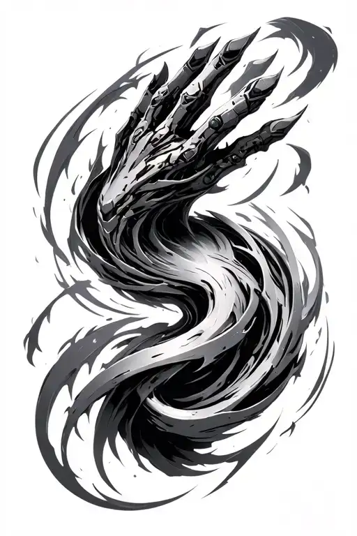 a warframe influnced metallic form with a vortex that starts on wrist then spreads in a "flowing" form to the elbow tattoo design idea