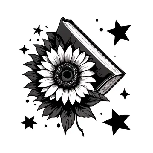 book, stars, sunflower surrounded tattoo design idea