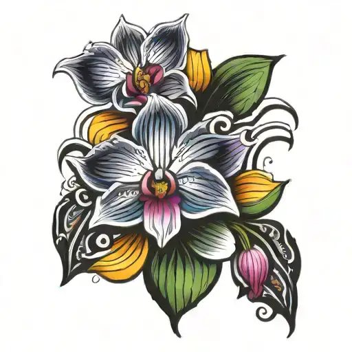 waves, tribal, orchid flower tattoo design idea