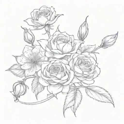 rose, carnation, water lily, honeysuckle, daisy, sweetpea, larkspur, snowdrop tattoo design idea