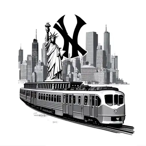 new york city skyline with the yankee symbol intertwined with the Statue of Liberty and the subway train tattoo design idea