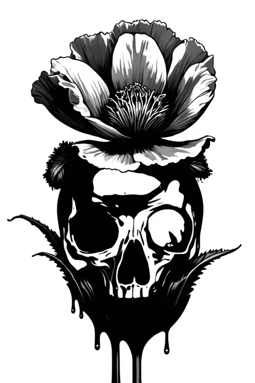 Opium poppy flower fully bloomed with one pod beside it that has a skull in it and is dripping black nectar  tattoo design idea
