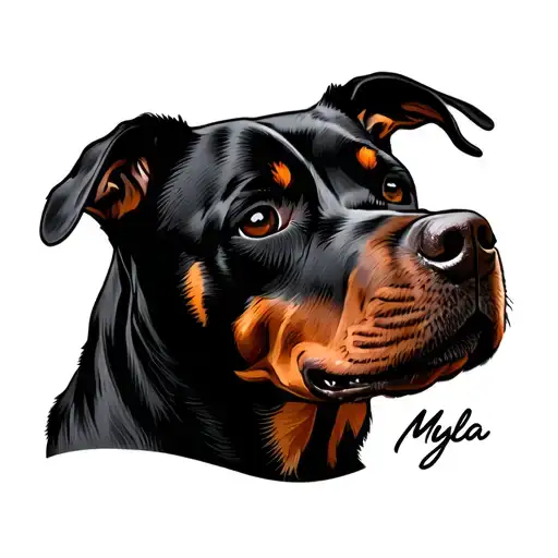 top of Rottweilers ears with Myla in cursive writing- simple lines tattoo design idea