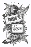 Quill that draws a score flow with a whole bunch of musical notes, a movie clapperboard, a video game controller tattoo design idea