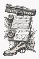 Quill that draws a score flow with a whole bunch of musical notes, a movie clapperboard, a video game controller tattoo design idea