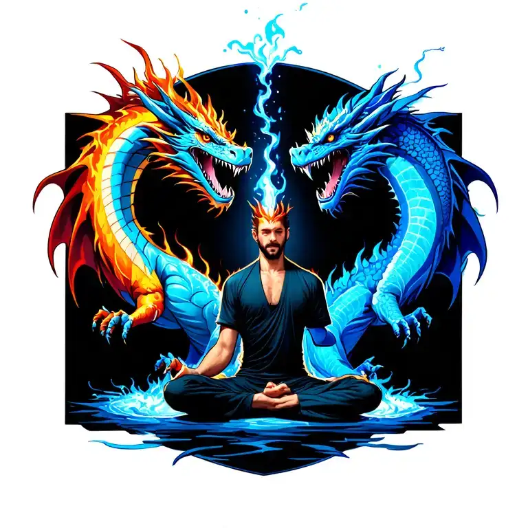 two dragons, one of fire, one of ice, respectively blowing their breath of ice and fire on a man in a meditation positio tattoo design idea