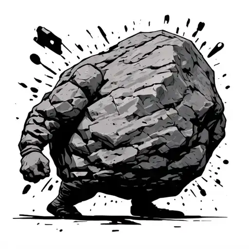 An anthropomorphic rock walking through urban destructive chaos towards a better future. Seen from behind tattoo design idea