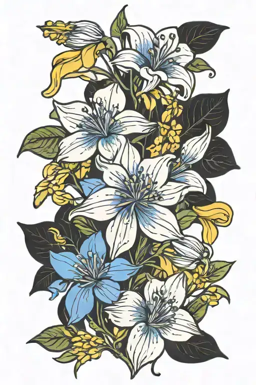 blue columbine, sego lily, california poppy, cherokee rose, black-eyed susan, yellow hibiscus, flowering dogwood flowers tattoo design idea