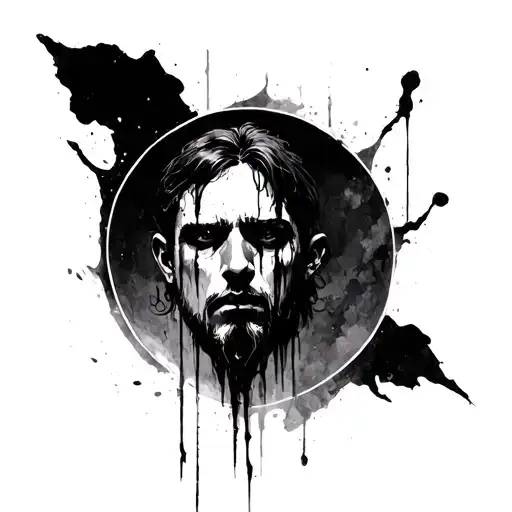 A dark, minimalist black-ink tattoo design for a man, symbolizing depression and inner struggle but with a sense of quie tattoo design idea