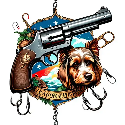 A traditional style tattoo of a vintage gun surrounded by fishing hooks and a loyal dog, with intricate linework and bold colors tattoo design idea