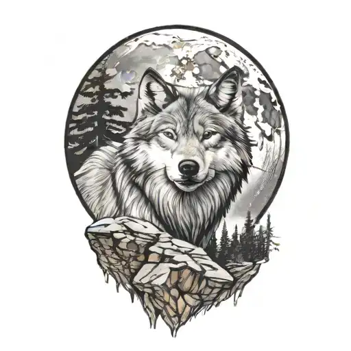 A very realistic wolf howling at the moon, forest, rocks tattoo design idea