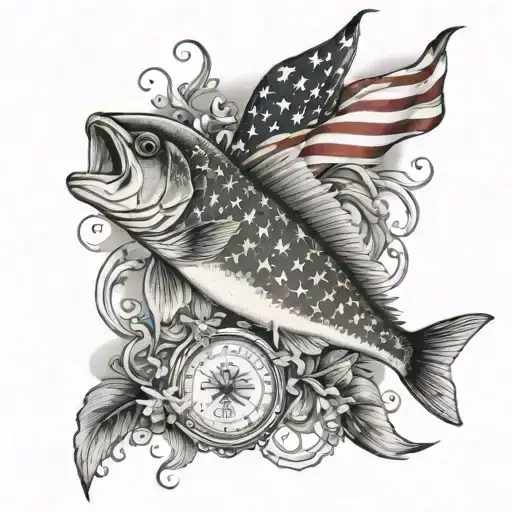full tattoo arm sleeve American flag background, incorporate smaller fish American red snapper, sea trout, red fish, fis tattoo design idea