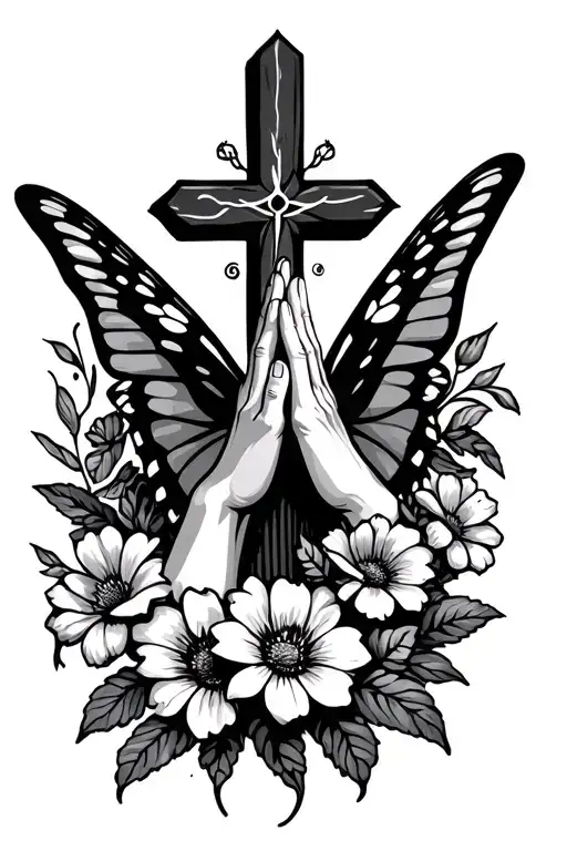 cross,praying hands,butterfly,gemini sign,flowers tattoo design idea