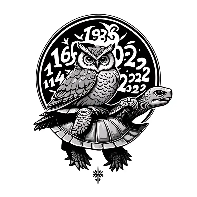 "1965-2025, 1941-2022" owl sitting on turtles back tattoo design idea