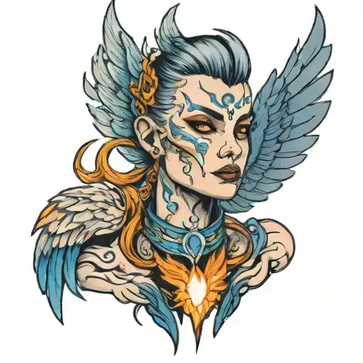 colorful neck tattoo model, on one side of the neck the face of a gray harpy with blue fire around it, on the other the  tattoo design idea