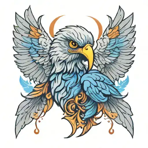 colorful neck tattoo, on one side of the neck the face of a gray harpy bird with blue fire around it, on the other the f tattoo design idea