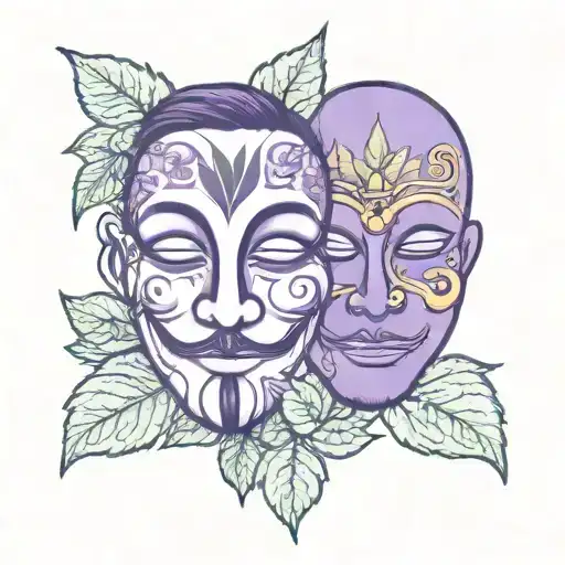 purple sad face & happy face mask looking down with purple clovers and cannabis leaves surrounding   tattoo design idea