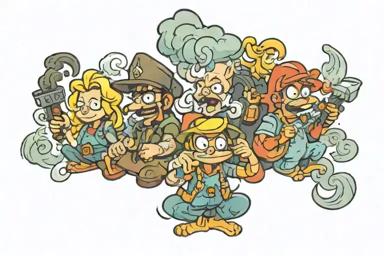 90s cartoon characters in a smoke sesh tattoo design idea