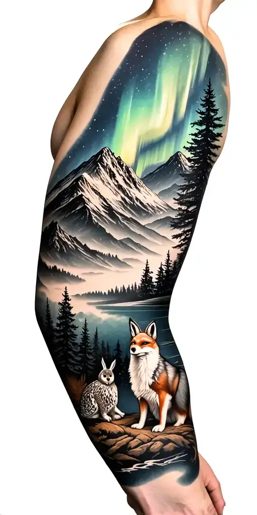 full arm sleeve, nature, mountains, trees, fox, owl, rabbit, northern lights, Leo constellation  tattoo design idea