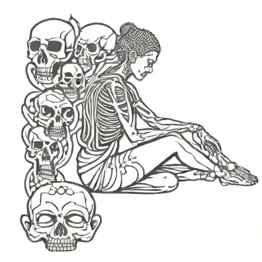 Buddha woman sitting with many heads but a skeleton  tattoo design idea