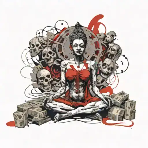 Buddha woman sitting with many heads but a skeleton with money  tattoo design idea