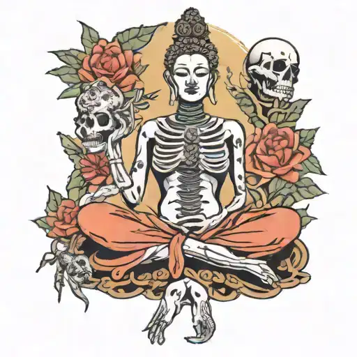 Buddha woman sitting with many heads but a skeleton with money  tattoo design idea
