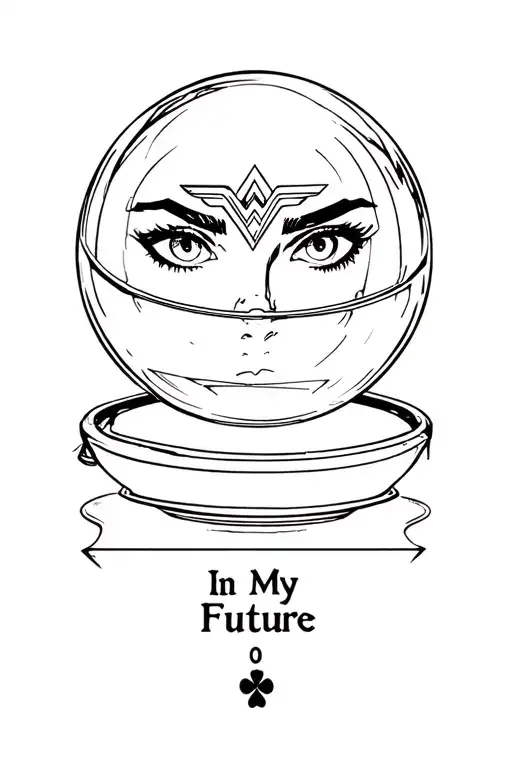 a clear crystal ball with wonder woman's eyes looking through it. below is a tarot card and it says 666, In My Future tattoo design idea