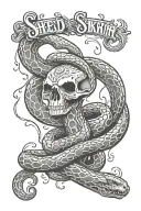 skeleton of a snake vertical that says "shed your skin" tattoo design idea