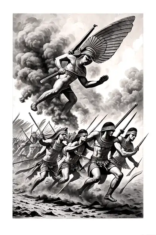 A dynamic battle scene on the forearm, with Egyptian warriors charging into war, dust storms kicking up behind them tattoo design idea