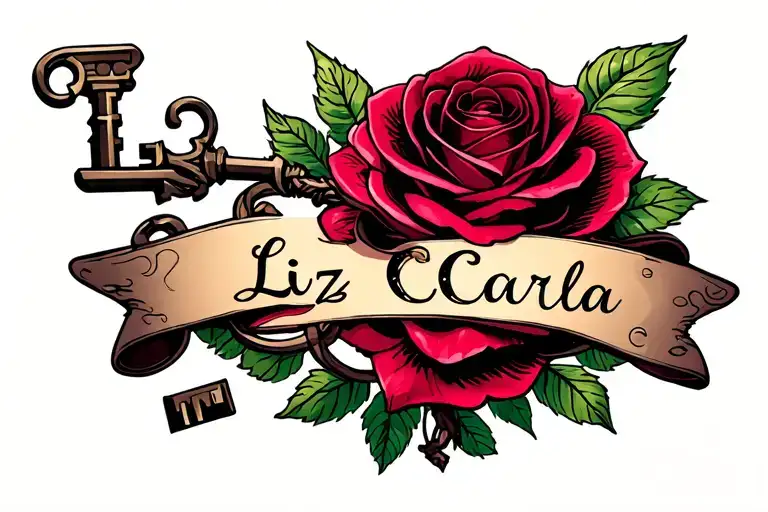 the name LizCarla with a key and ribbon intertwined, with a rose tattoo design idea