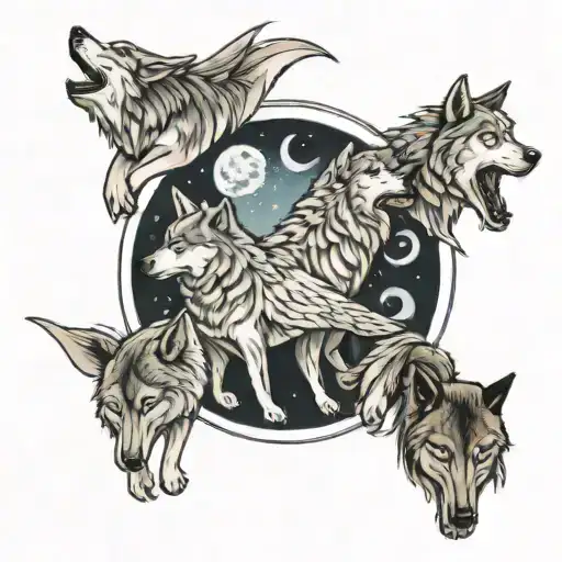 2 wolves howling at moon with 6 pups howling at the moon tattoo design idea