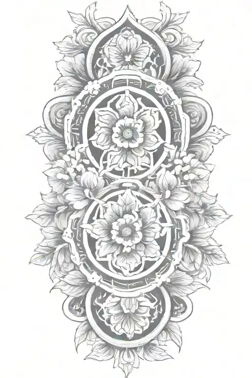 add korean traditional pattern on the background and on the middle, add some hibiscus flowers vertically tattoo design idea