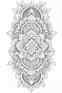 add korean traditional pattern on the background and on the middle, add some hibiscus flowers vertically tattoo design idea