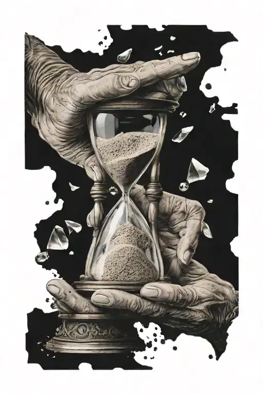 old person's hand holding an hourglass, the bottom part has broken glass, and sand is falling out  tattoo design idea