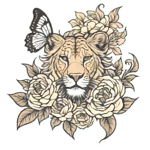 lioness surrounded peony flowers by 2 cubs with a butterfly tattoo design idea