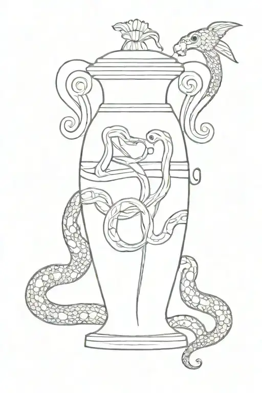 Greek vase with mythological details surrounded by snakes tattoo design idea