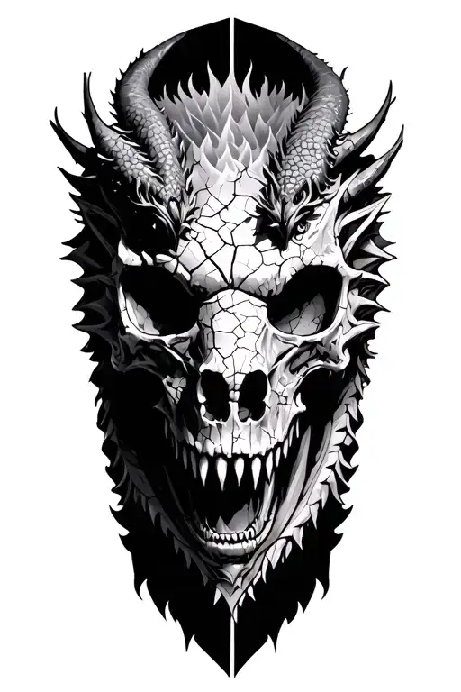 Black & grey	•	Upper arm / half-sleeve scale	•	Dragon head at top	•	Cracked human skull center	•	Creature elements ( tattoo design idea