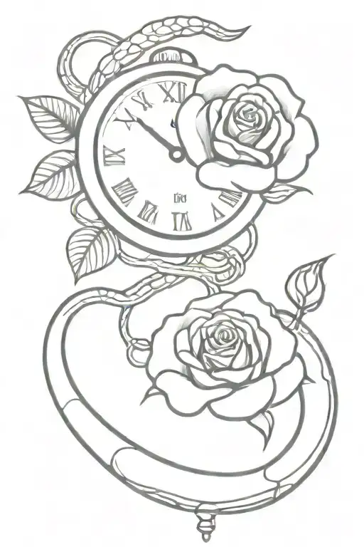 Hand clock with snake vining around with one rose behind drawing tattoo design idea