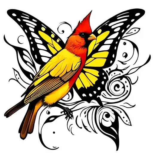 yellow butterfly flying with cardinal bird perched tattoo design idea