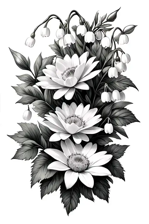 Lily Of The Valley,Marigold, water lily, rose, honeysuckle, larkspur, hawthorn and daisy tattoo design idea