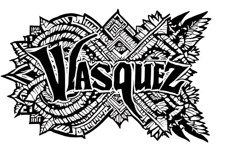 last name vasquez back tattoo with aztec details intertwined tattoo design idea