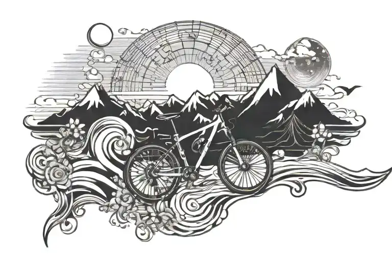 mountains behind a sea sun rising combined with a roadbike and music note tattoo design idea