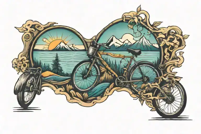 bicycle mountain landscape sea sun music themed tattoo tattoo design idea