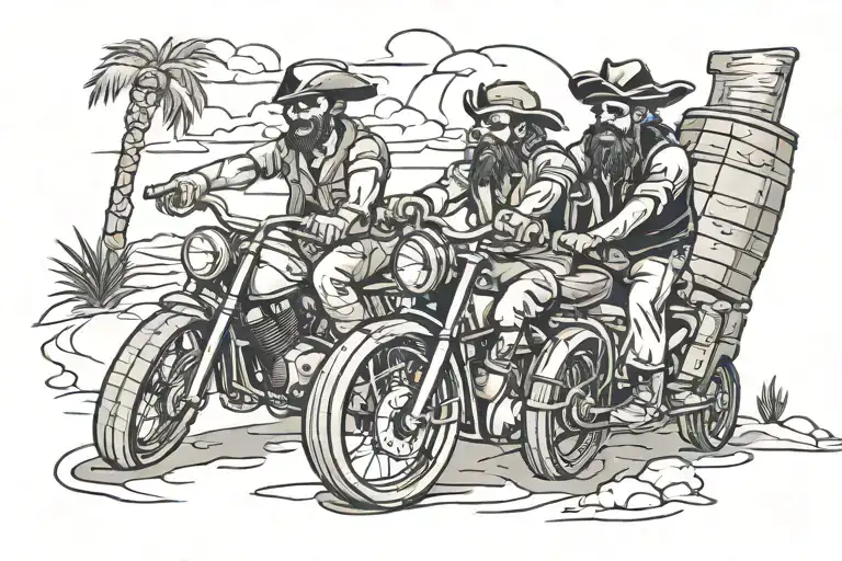 pirates in a rum barrel welding a motorcycle in the desert tattoo design idea