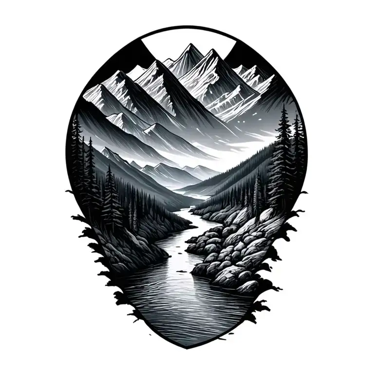 mountain range with river inbetween  tattoo design idea
