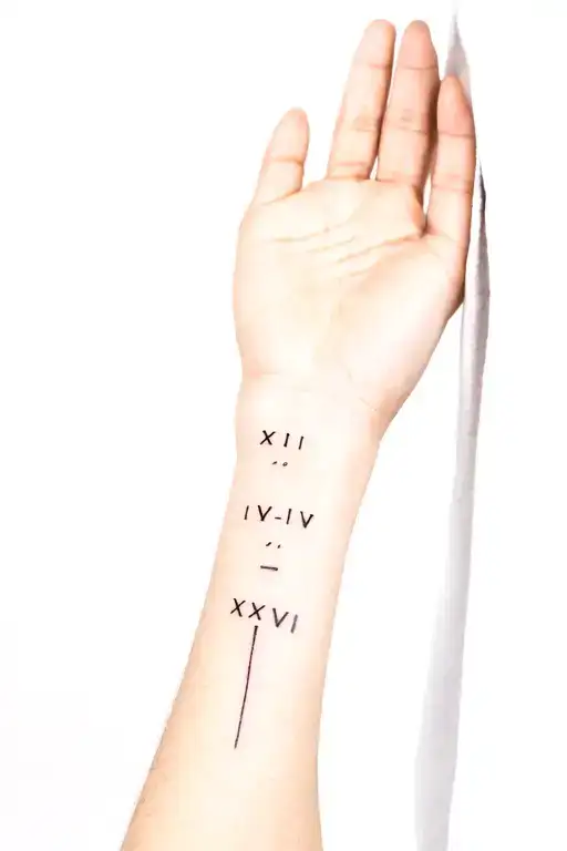 "XII • IV • XXIV" on a mans forearm horizontal as a tattoo tattoo design idea