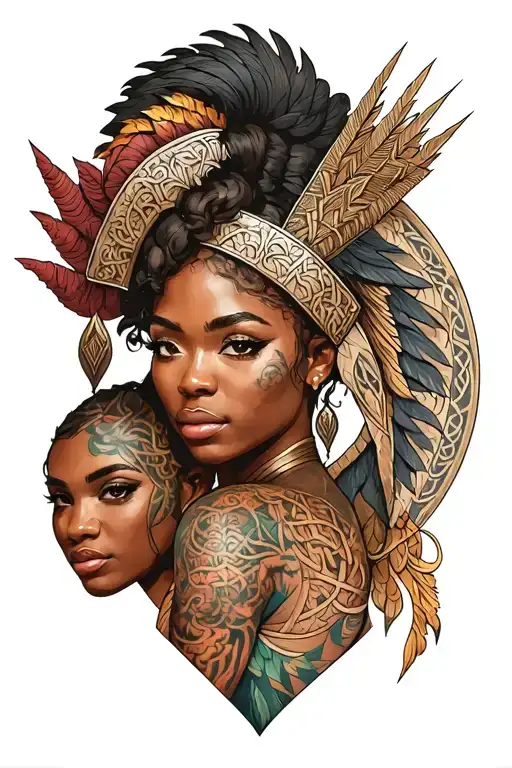 African Valkyrie & celtic valkyrie warrior woman holding tattoo design idea