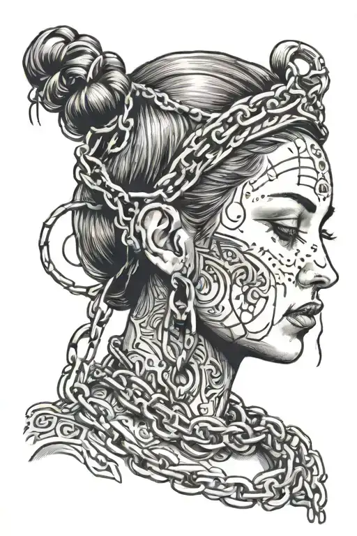 woman face praying with chain wrapped tattoo design idea